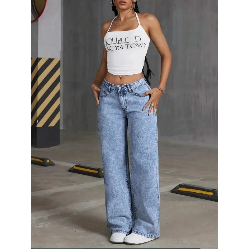 Denim Wide Leg Jeans High waisted  Bow Embroidered Pocket Wide Leg Jeans  Fashionable Women's Trousers Casual Style