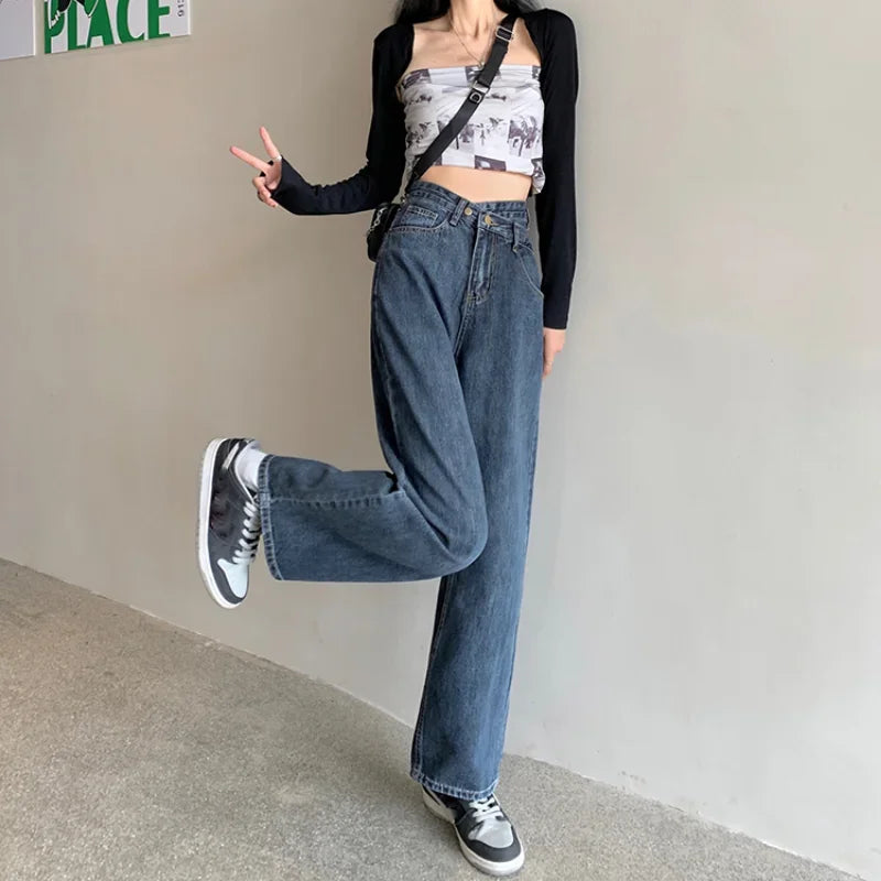 Autumn Spring Denim Pant Women Jeans Vintage Straight Trousers Fashion Female Blue Hight Waist Jeans Casual Wide Leg Pants