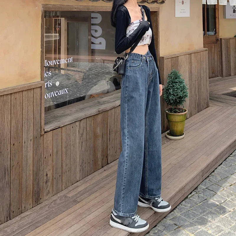 Autumn Spring Denim Pant Women Jeans Vintage Straight Trousers Fashion Female Blue Hight Waist Jeans Casual Wide Leg Pants