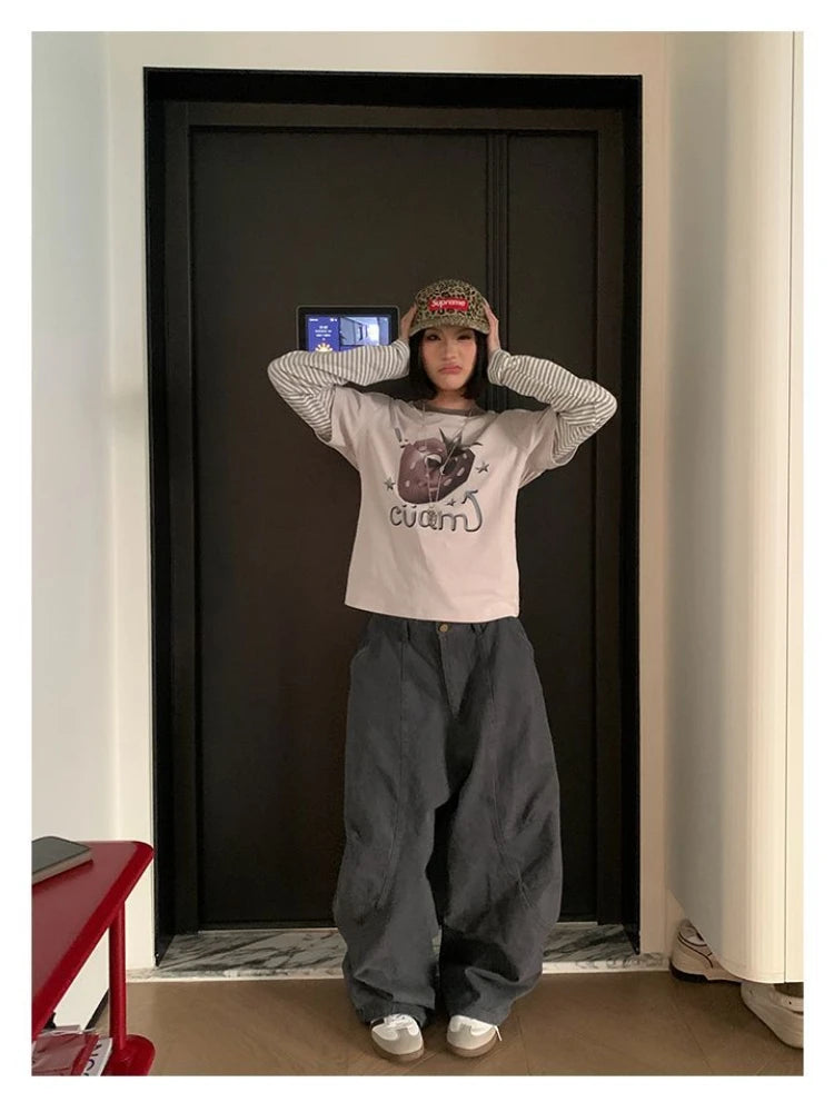 HOUZHOU Y2K Vintage Wash Women Cargo Jeans Harajuku Scimitar Wide Leg American Retro Denim Pants Baggy Trousers Gyaru Streetwear