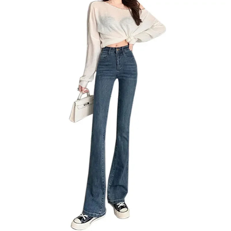 Slimming Straight-Leg Denim Jeans Women's Autumn/Winter Petite Blue Grey High Elasticity Micro Flare Shaping Smooth Silhouette