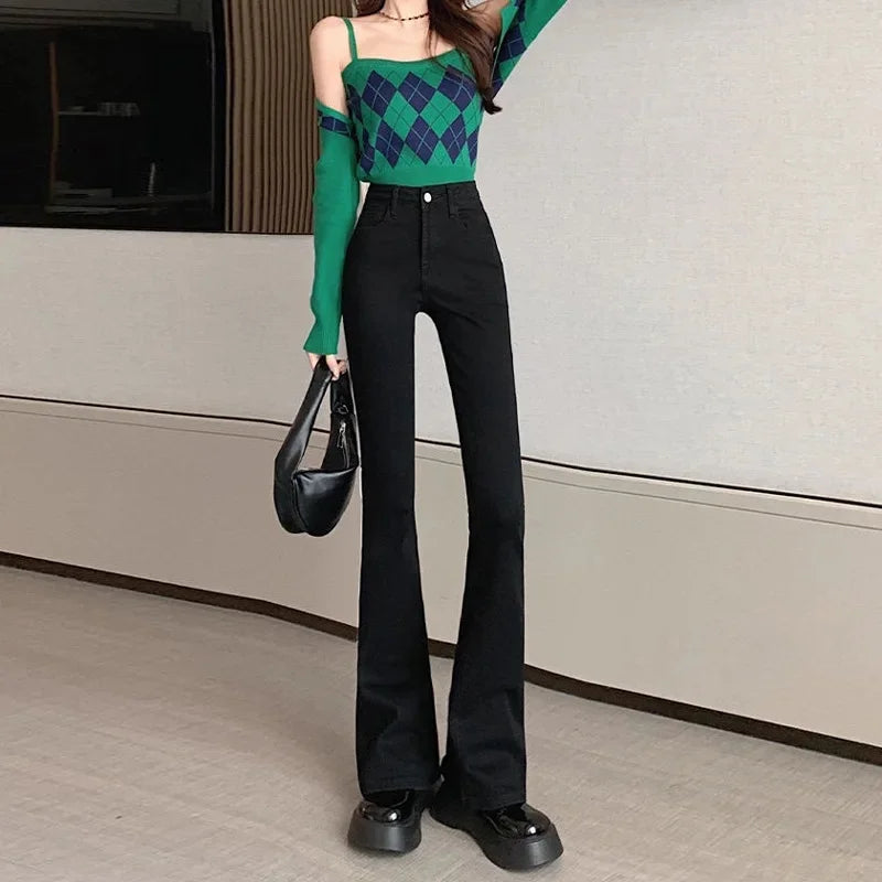 Slimming Straight-Leg Denim Jeans Women's Autumn/Winter Petite Blue Grey High Elasticity Micro Flare Shaping Smooth Silhouette