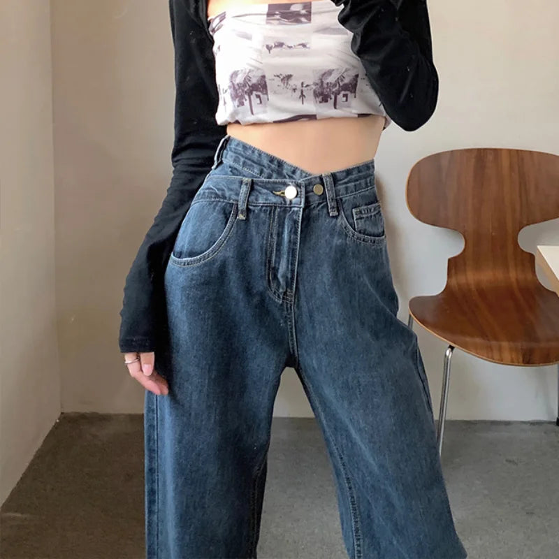 Autumn Spring Denim Pant Women Jeans Vintage Straight Trousers Fashion Female Blue Hight Waist Jeans Casual Wide Leg Pants