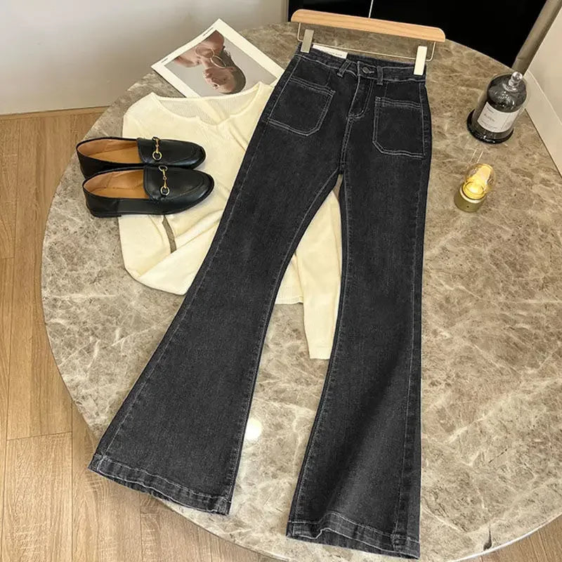 ZMZBCH High Waist Trousers Loose Washed Jeans Pockets Slim Denim Flare Classic Women Vintage Stretch Straight Trousers All-match