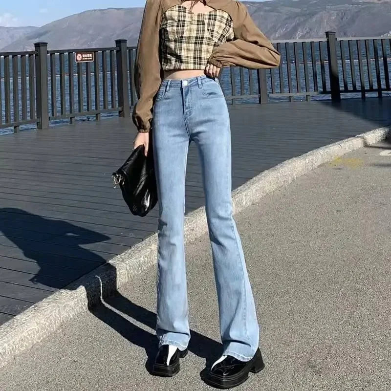 Slimming Straight-Leg Denim Jeans Women's Autumn/Winter Petite Blue Grey High Elasticity Micro Flare Shaping Smooth Silhouette