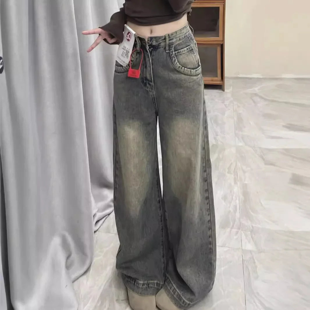 Vintage Distressed Wide-leg Jeans Women's Spring Summer New Loose-fit Slimming Draped Versatile Trailing Straight-leg Trousers