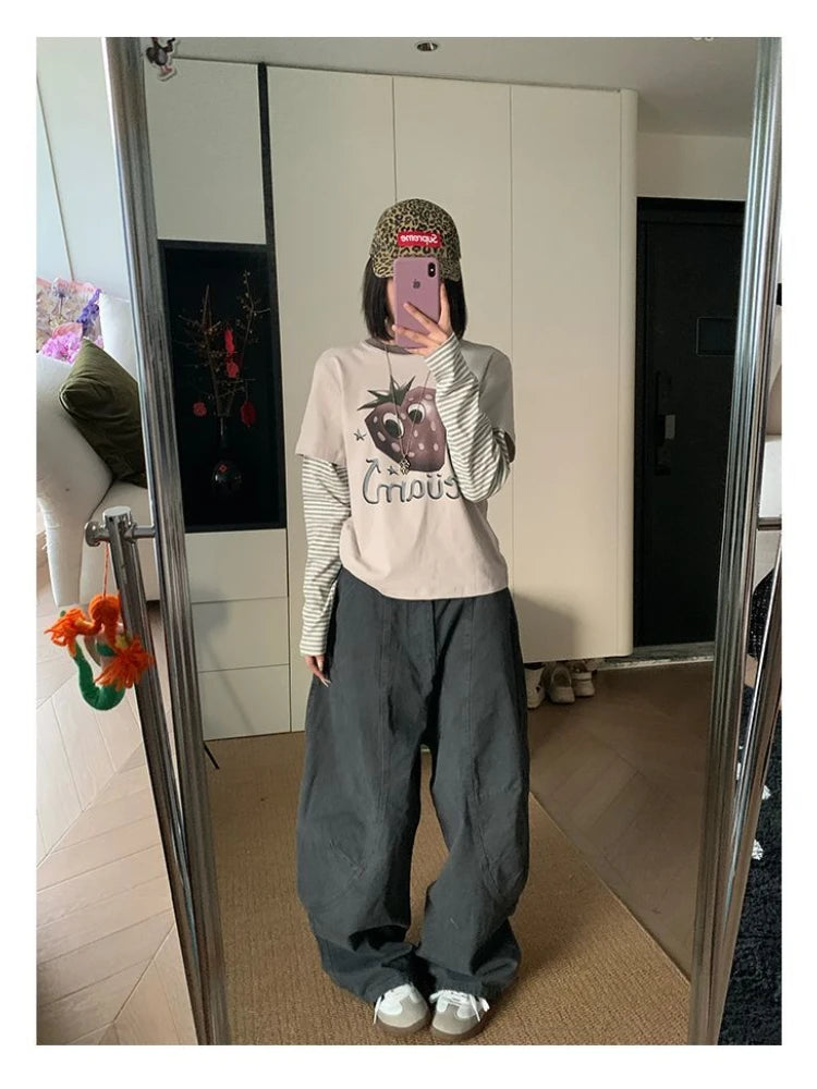HOUZHOU Y2K Vintage Wash Women Cargo Jeans Harajuku Scimitar Wide Leg American Retro Denim Pants Baggy Trousers Gyaru Streetwear
