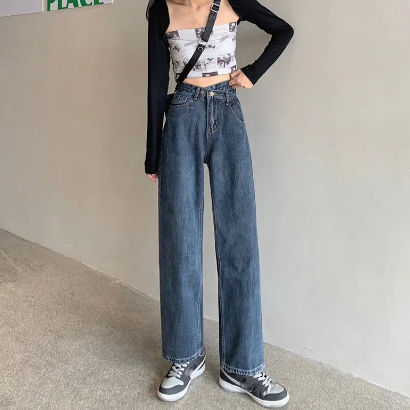 Autumn Spring Denim Pant Women Jeans Vintage Straight Trousers Fashion Female Blue Hight Waist Jeans Casual Wide Leg Pants