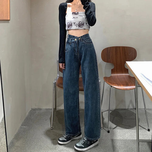 Autumn Spring Denim Pant Women Jeans Vintage Straight Trousers Fashion Female Blue Hight Waist Jeans Casual Wide Leg Pants