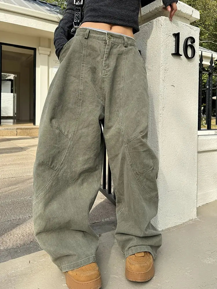 HOUZHOU Y2K Vintage Wash Women Cargo Jeans Harajuku Scimitar Wide Leg American Retro Denim Pants Baggy Trousers Gyaru Streetwear