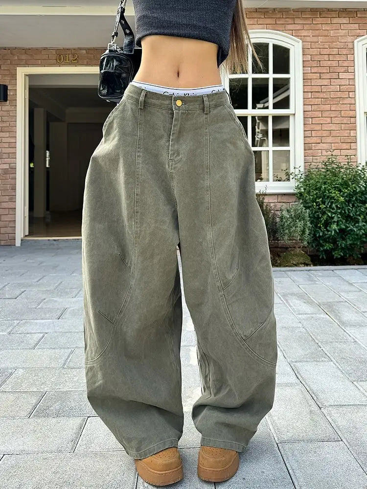HOUZHOU Y2K Vintage Wash Women Cargo Jeans Harajuku Scimitar Wide Leg American Retro Denim Pants Baggy Trousers Gyaru Streetwear