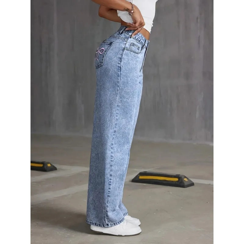 Denim Wide Leg Jeans High waisted  Bow Embroidered Pocket Wide Leg Jeans  Fashionable Women's Trousers Casual Style