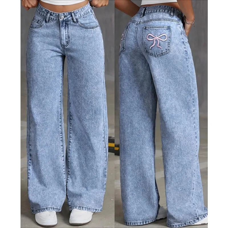 Denim Wide Leg Jeans High waisted  Bow Embroidered Pocket Wide Leg Jeans  Fashionable Women's Trousers Casual Style