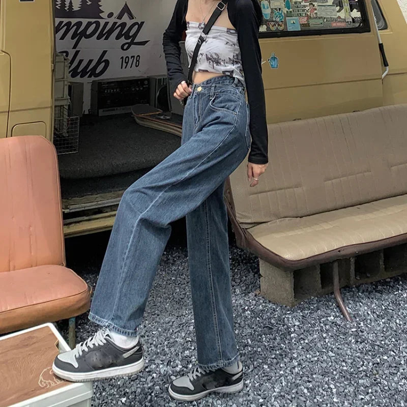 Autumn Spring Denim Pant Women Jeans Vintage Straight Trousers Fashion Female Blue Hight Waist Jeans Casual Wide Leg Pants
