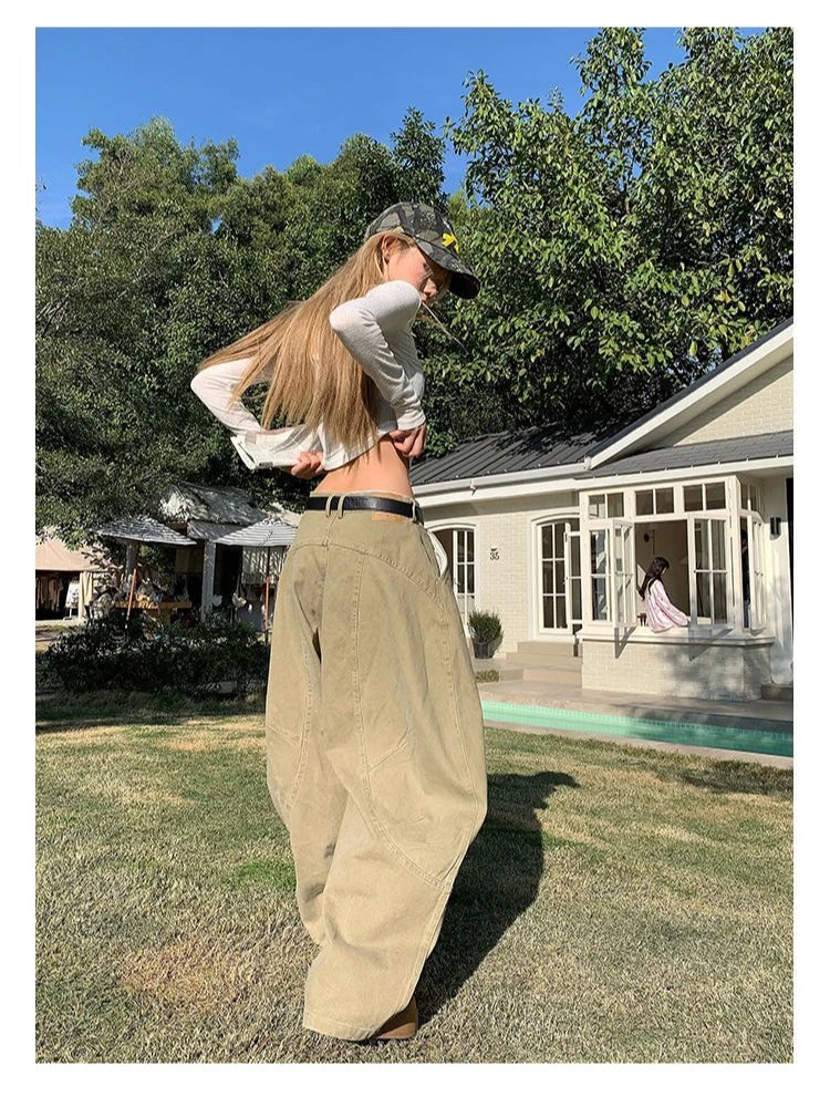 HOUZHOU Y2K Vintage Wash Women Cargo Jeans Harajuku Scimitar Wide Leg American Retro Denim Pants Baggy Trousers Gyaru Streetwear