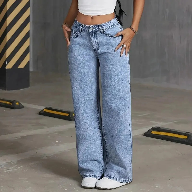 Denim Wide Leg Jeans High waisted  Bow Embroidered Pocket Wide Leg Jeans  Fashionable Women's Trousers Casual Style